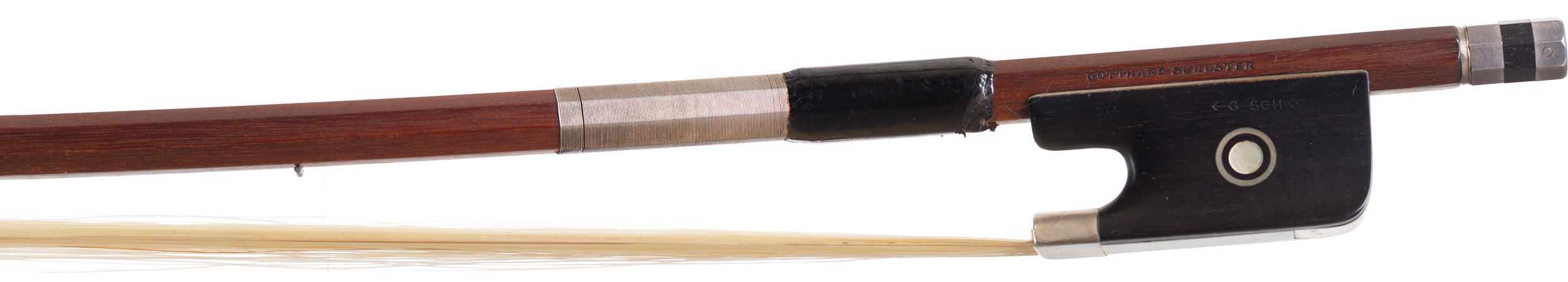 A silver-mounted cello bow by Gotthaard Schuster, Germany — frog