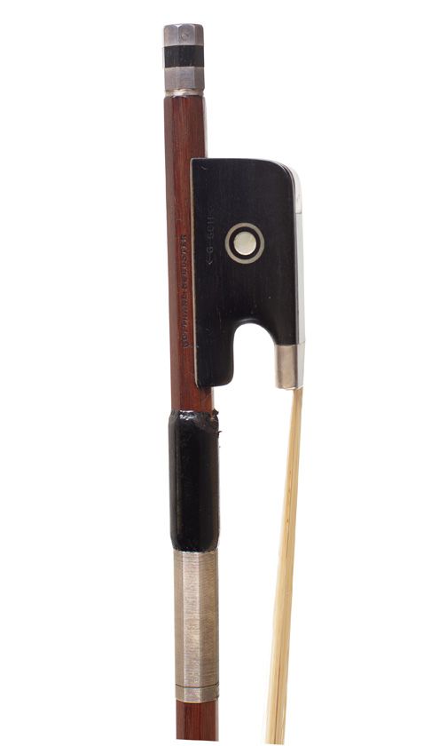 A silver-mounted cello bow by Gotthaard Schuster, Germany — frog detail