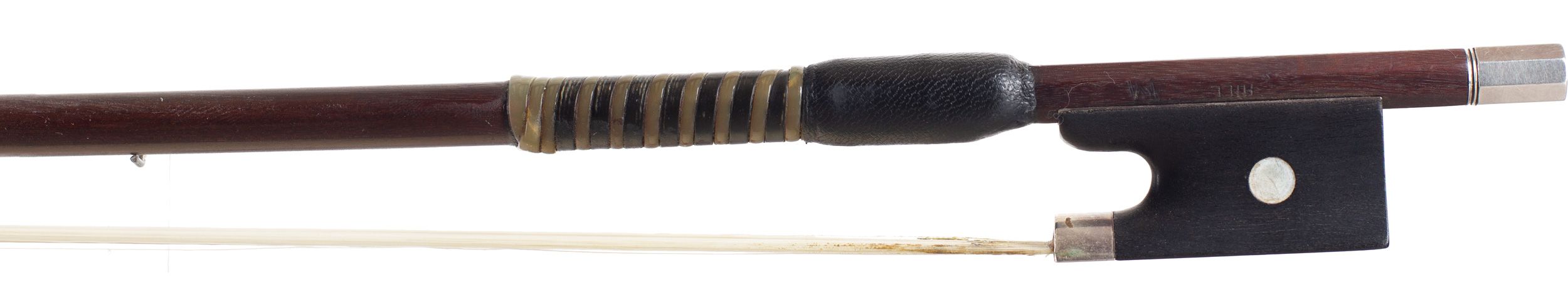 A silver-mounted violin bow by W. E. Hill & Sons, England — frog