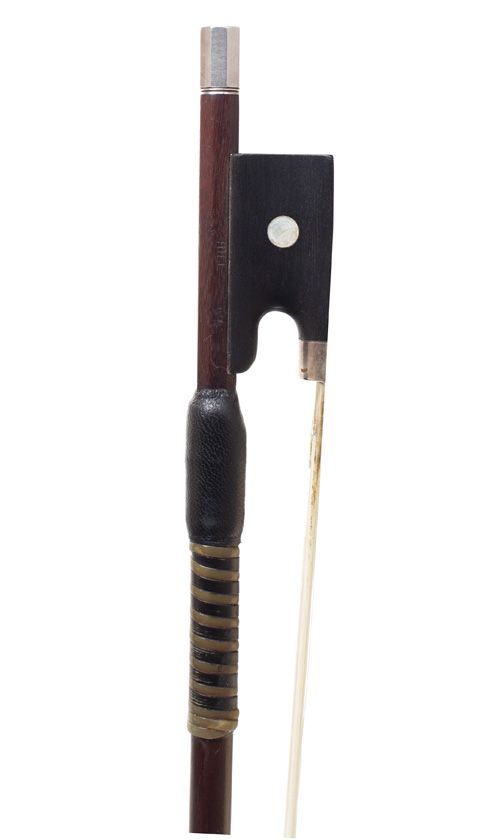 A silver-mounted violin bow by W. E. Hill & Sons, England — frog detail
