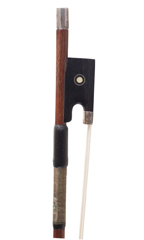 A silver-mounted violin bow by Paul Bisch, France — frog detail