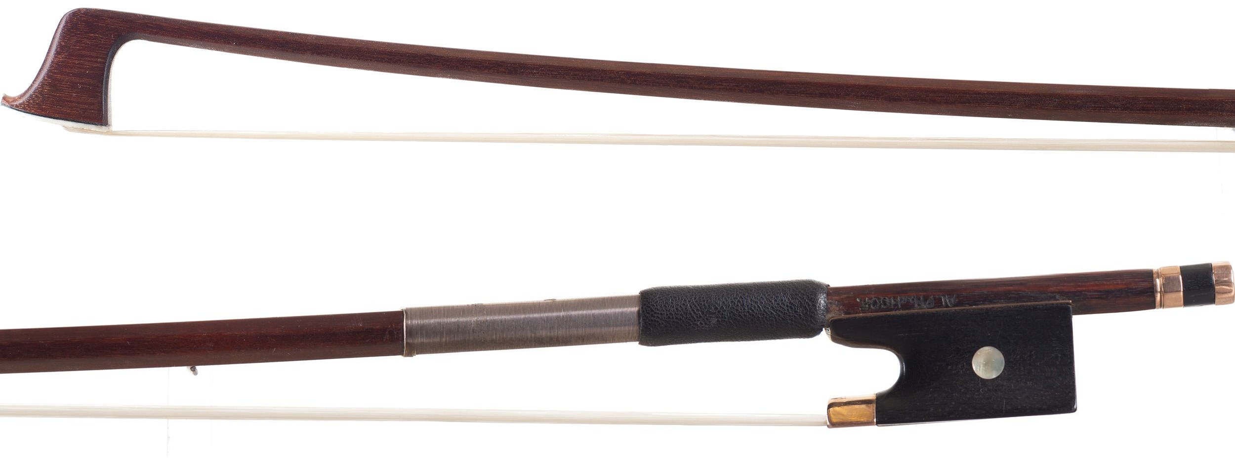 A gold-mounted violin bow by Alphonse Van Hoof, The Netherlands — head and frog