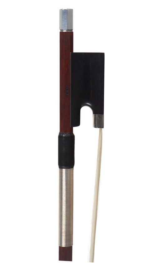 A silver-mounted violin bow by W. E. Hill & Sons, London — frog detail