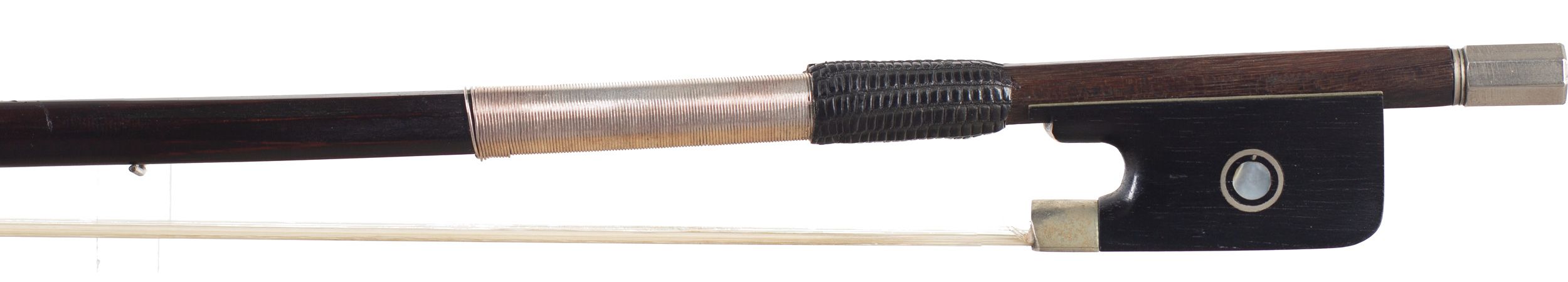 A nickel-mounted violin bow by Gerôme Devoivre, France — frog