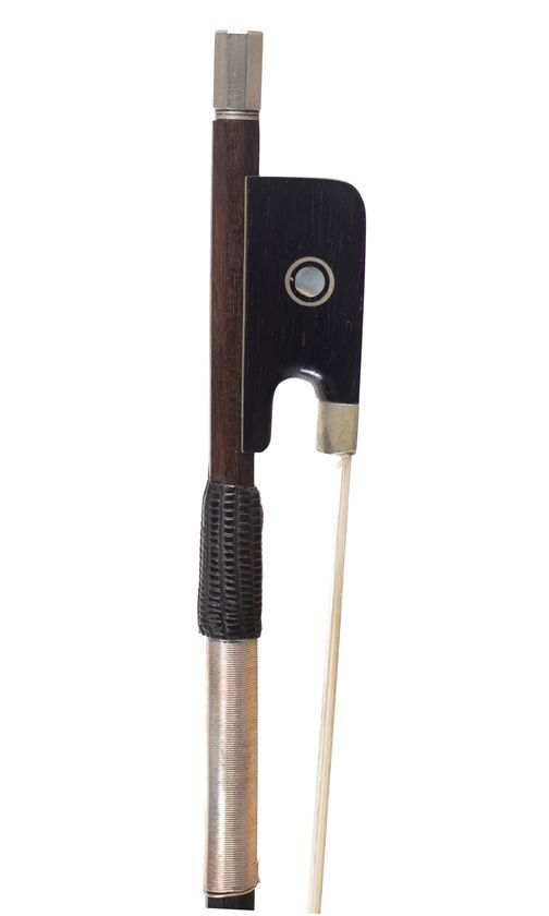 A nickel-mounted violin bow by Gerôme Devoivre, France — frog detail