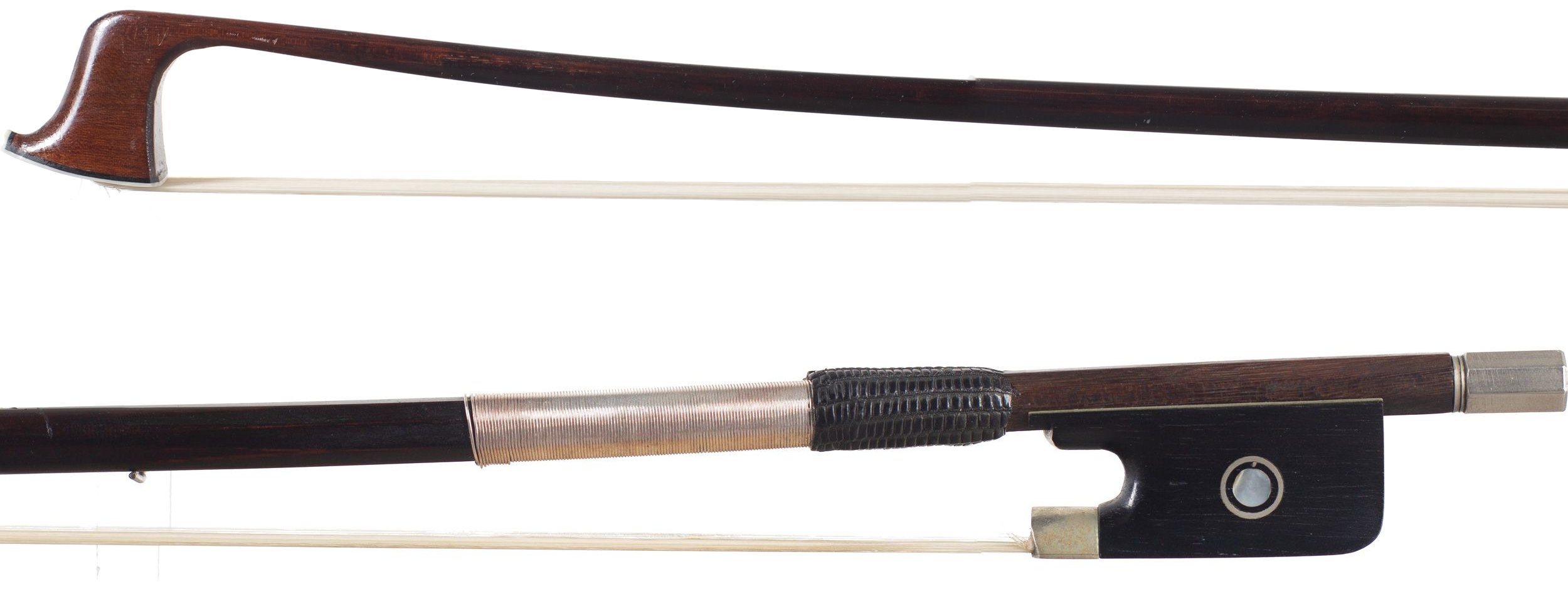 A nickel-mounted violin bow by Gerôme Devoivre, France — head and frog