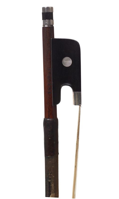A silver-mounted cello bow by E. W. Zöphel, Germany — frog detail