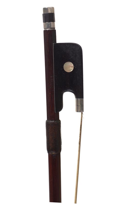 A nickel-mounted cello bow by E. W. Zöphel, Germany — frog detail