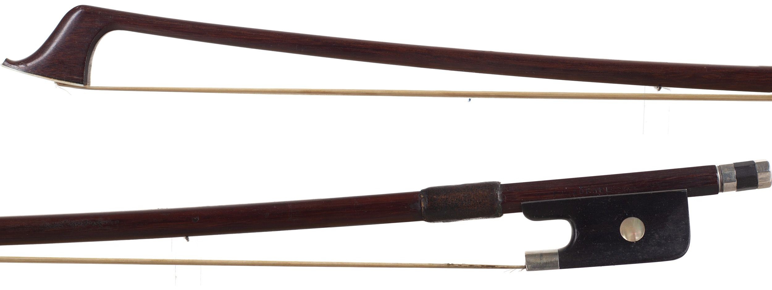 A nickel-mounted cello bow by E. W. Zöphel, Germany — head and frog