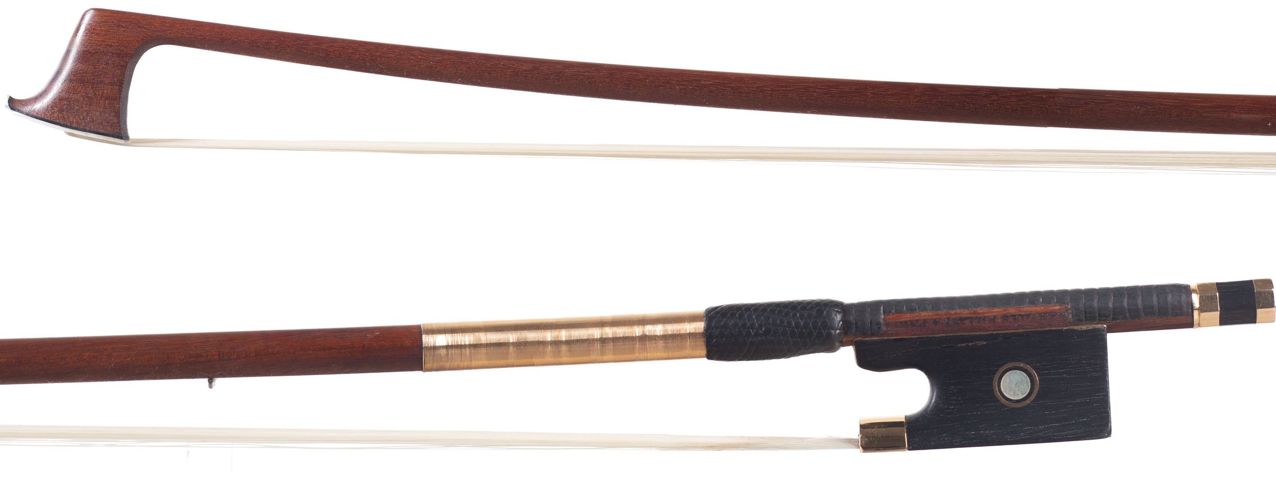 A gold-mounted violin bow by Jean-Jacques Millant, Paris — head and frog
