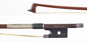A silver-mounted violin bow by Arthur Bultitude — head and frog