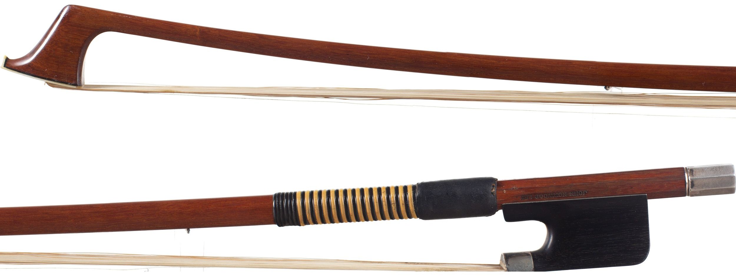 A silver-mounted cello bow by John Norwood Lee, United States — head and frog
