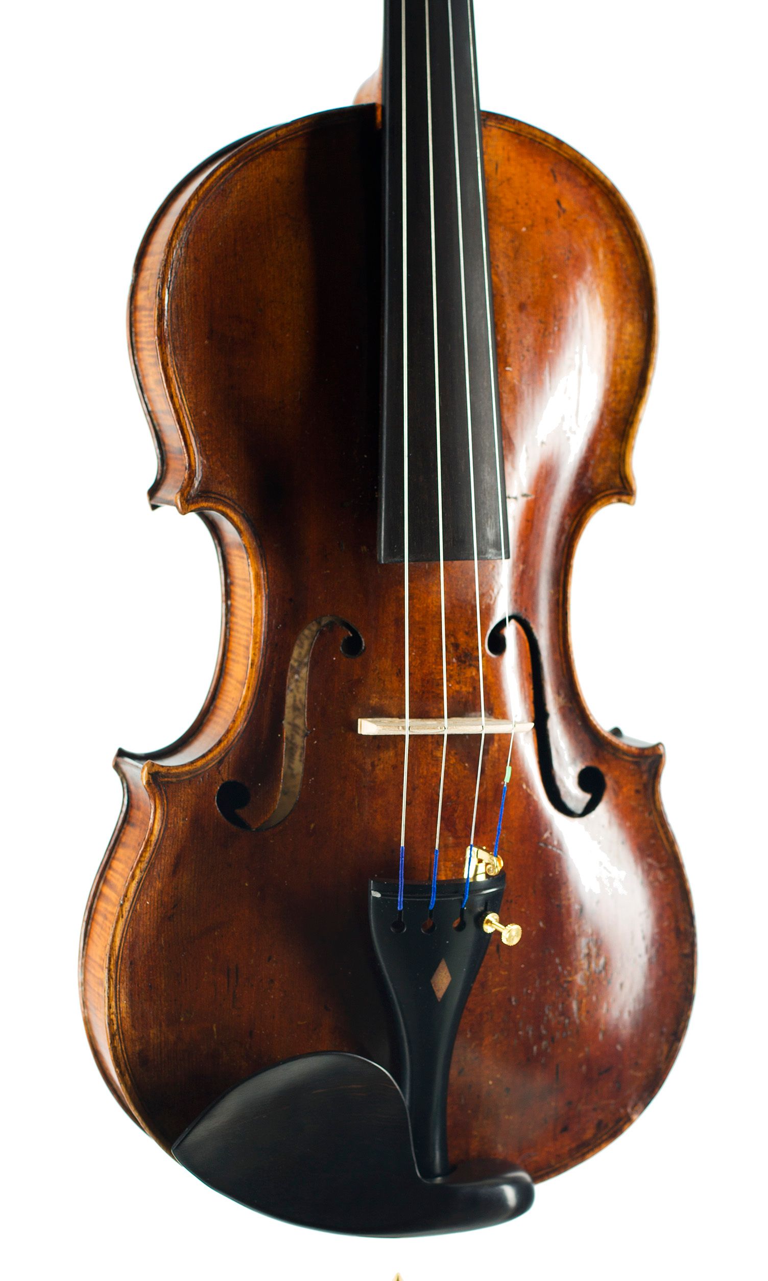 Violin by Johann Gottlob Heberlein, Germany, 1839 — angled view, 20°