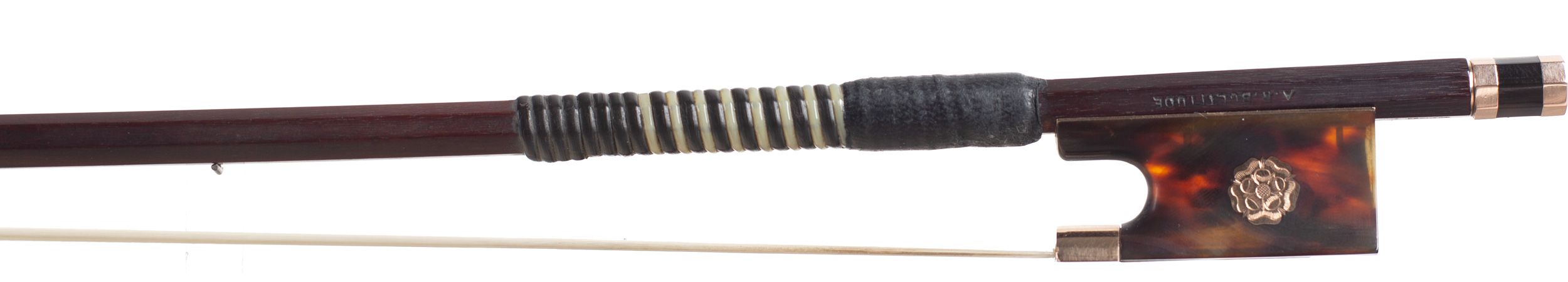 A gold and tortoiseshell-mounted violin bow by A. R. Bultitude, England — frog