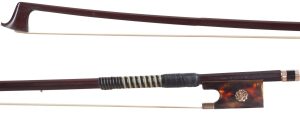 A gold and tortoiseshell-mounted violin bow by A. R. Bultitude, England — head and frog
