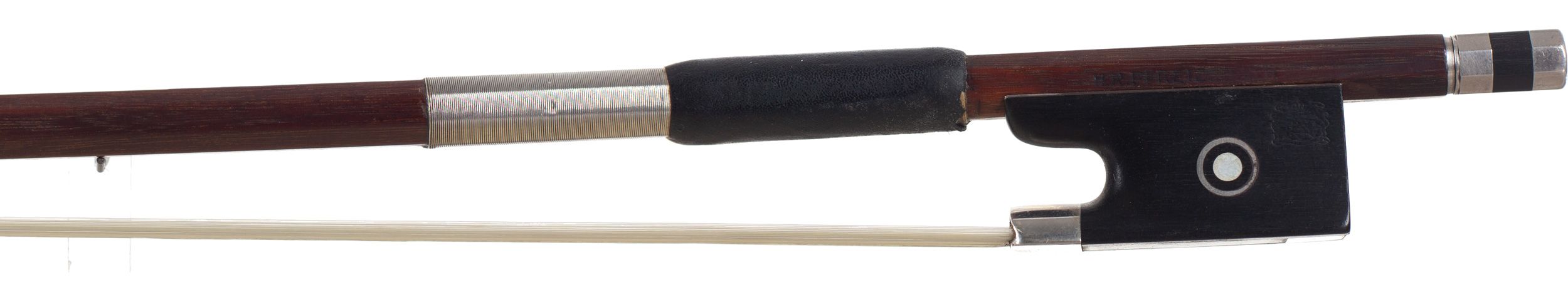 A silver-mounted violin bow by H. R. Pfretzschner, Germany — frog