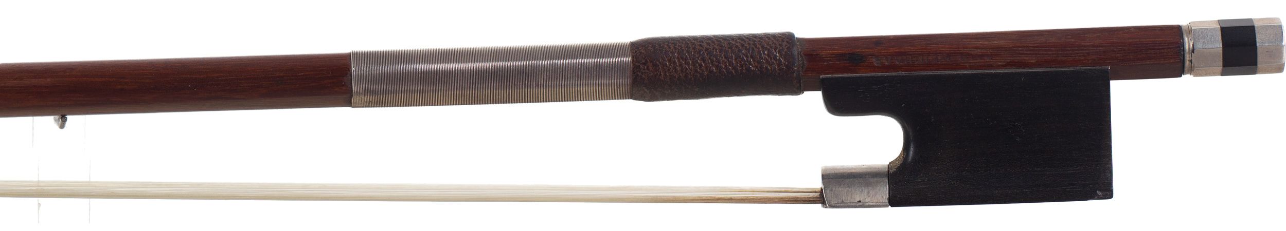 A silver-mounted violin bow by Paul Weidhass — frog