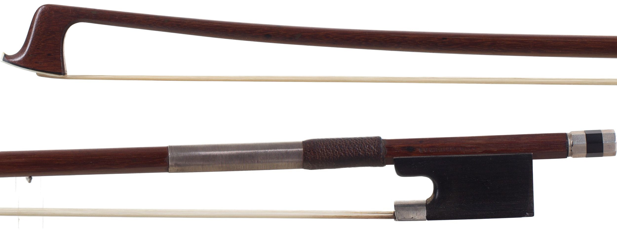 A silver-mounted violin bow by Paul Weidhass — head and frog