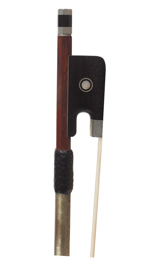 A nickel-mounted viola bow by W. E. Dorfler — frog detail