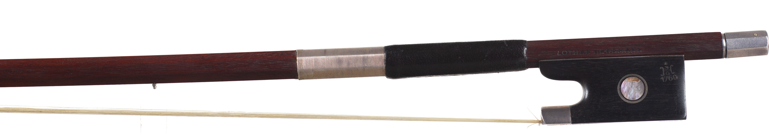 A silver-mounted viola bow by Lothar Herrmann, Germany — frog