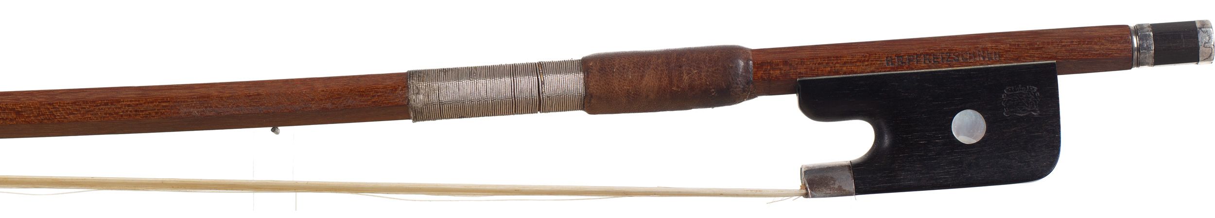 A silver-mounted cello bow by H. R. Pfretzschner, Germany — frog