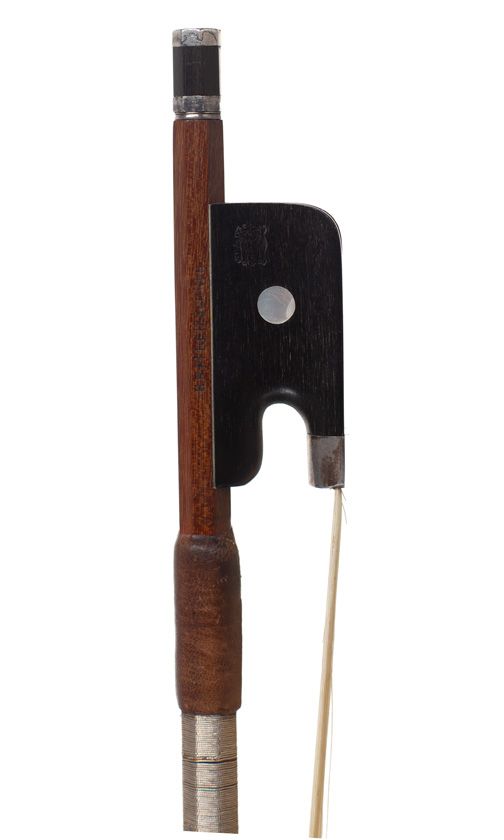 A silver-mounted cello bow by H. R. Pfretzschner, Germany — frog detail