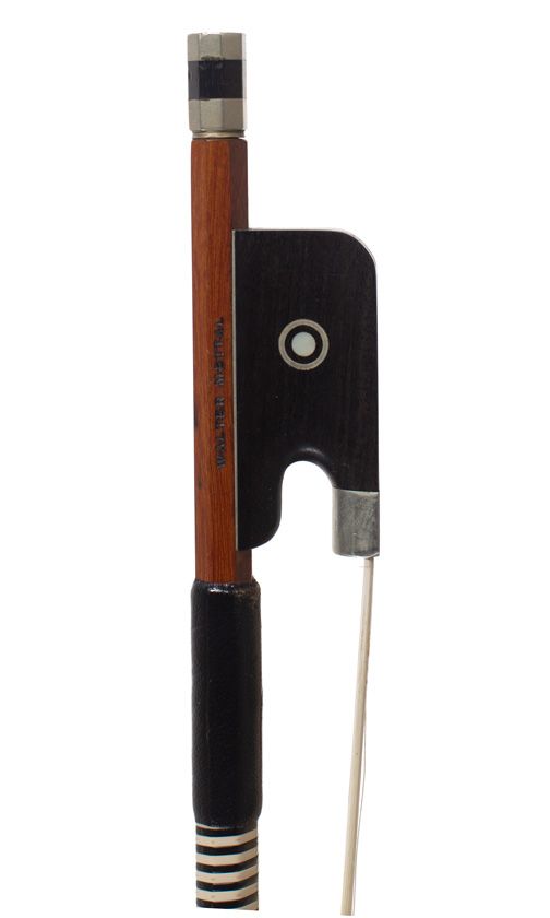 A nickel-mounted cello bow by Walter Mettal — frog detail