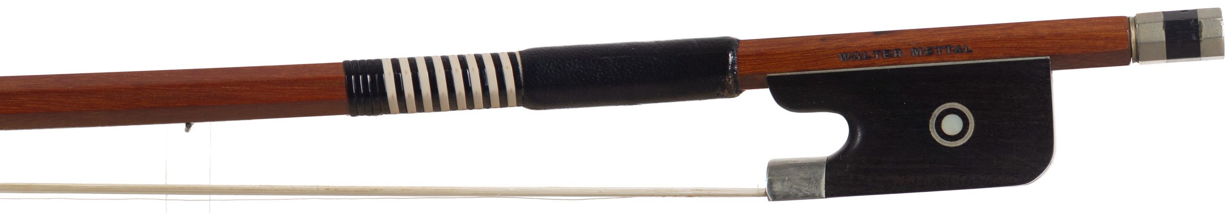 A nickel-mounted cello bow by Walter Mettal — frog