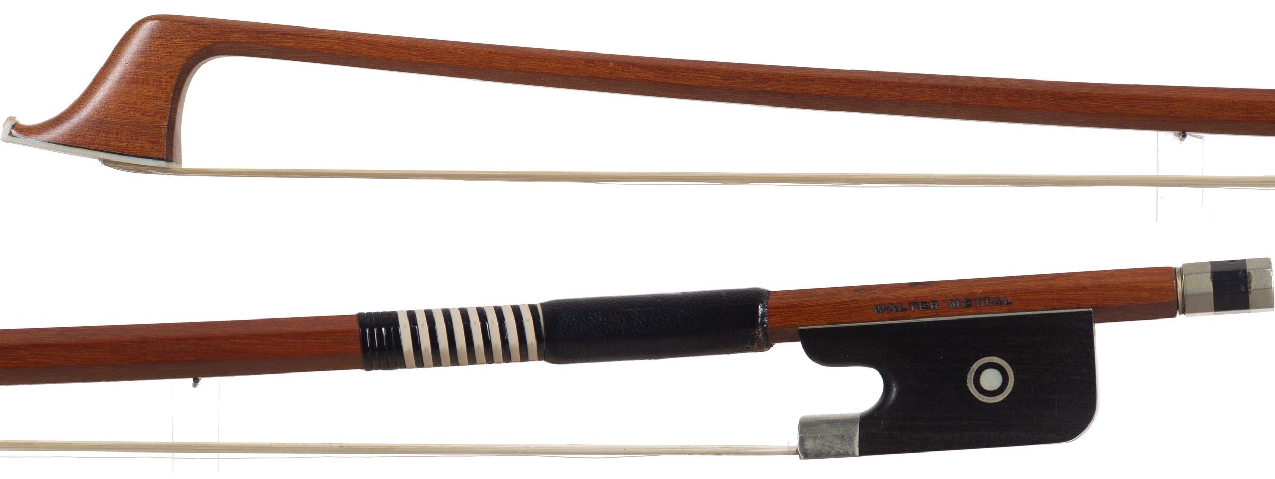 A nickel-mounted cello bow by Walter Mettal — head and frog