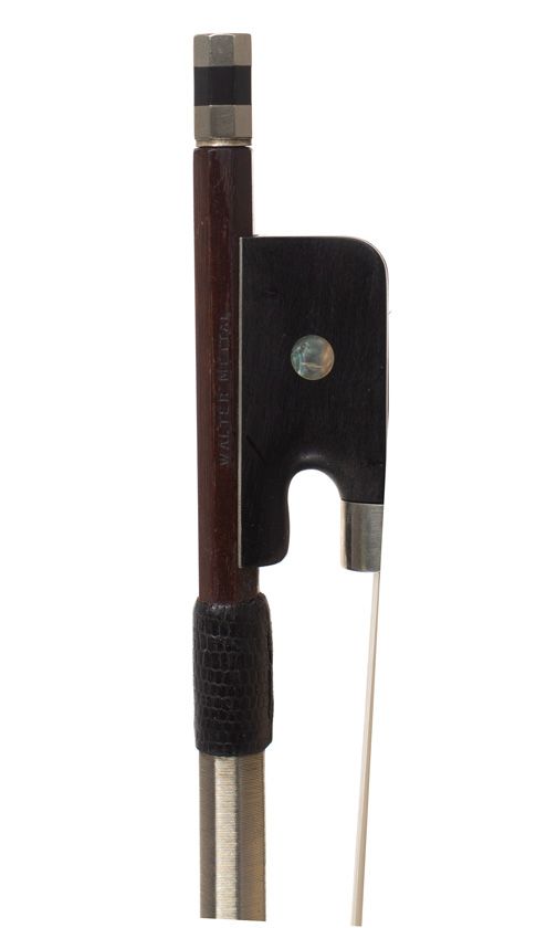 A nickel-mounted cello bow by Walter Mettal — frog detail