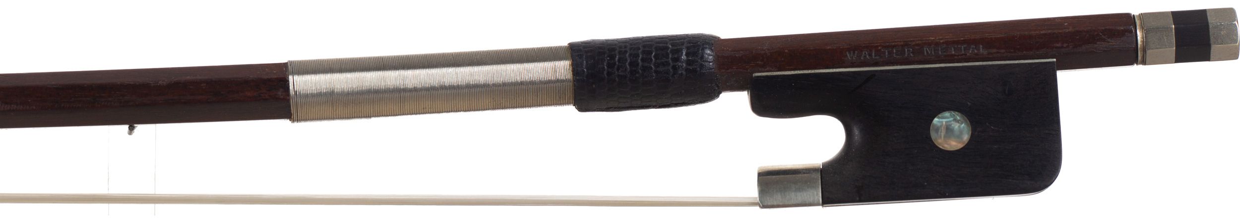 A nickel-mounted cello bow by Walter Mettal — frog