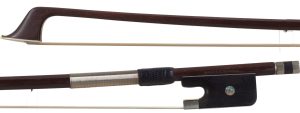 A nickel-mounted cello bow by Walter Mettal — head and frog