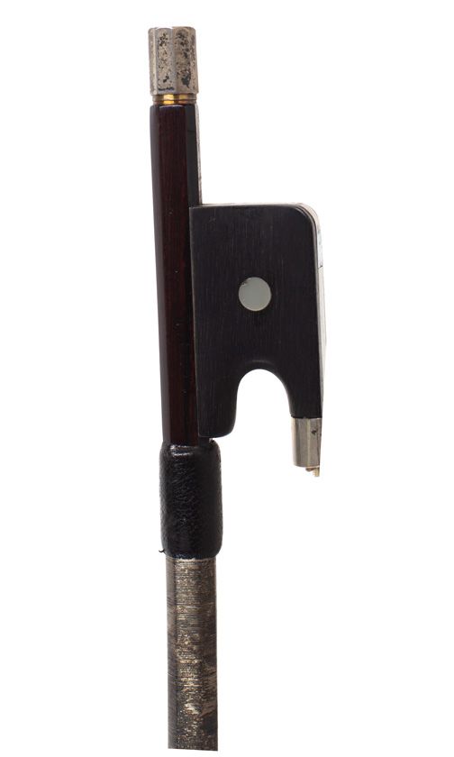 A silver-mounted cello bow by Lawrence Cocker — frog detail