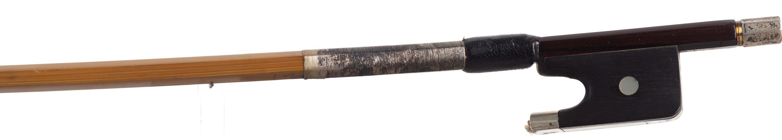 A silver-mounted cello bow by Lawrence Cocker — frog