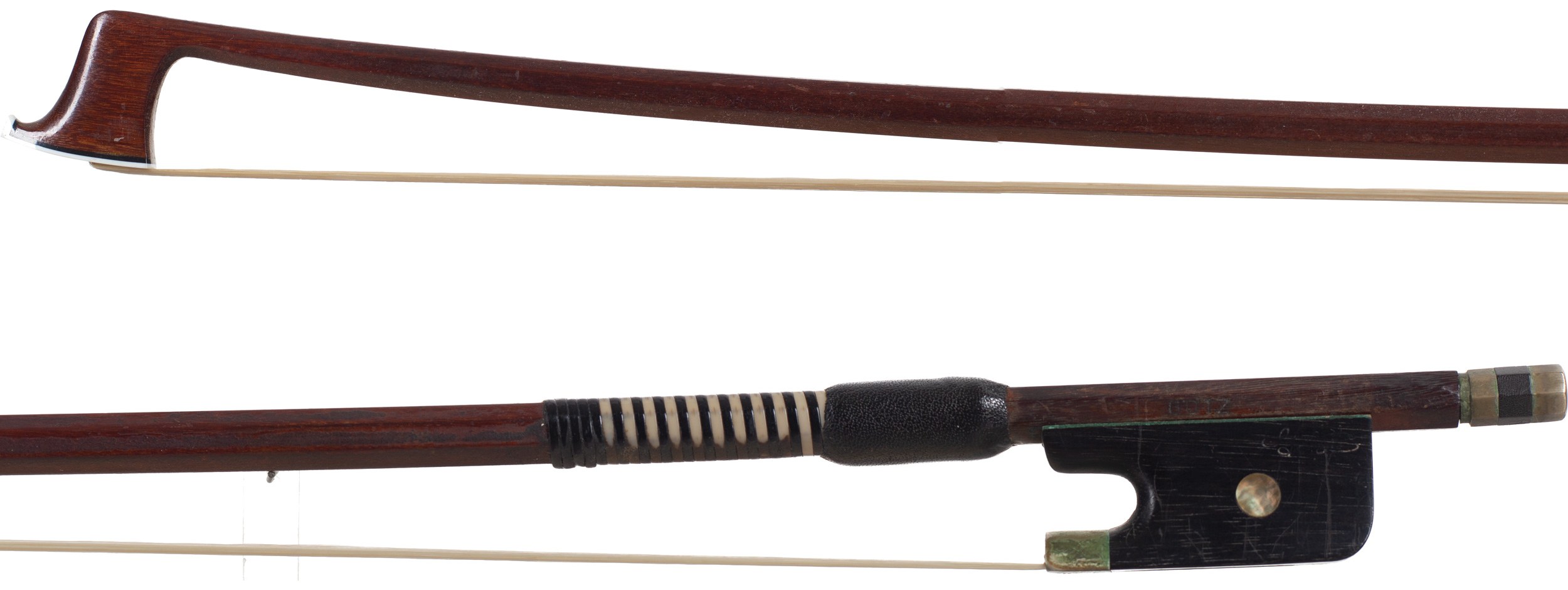 A nickel-mounted violin bow by Conrad Gotz — head and frog