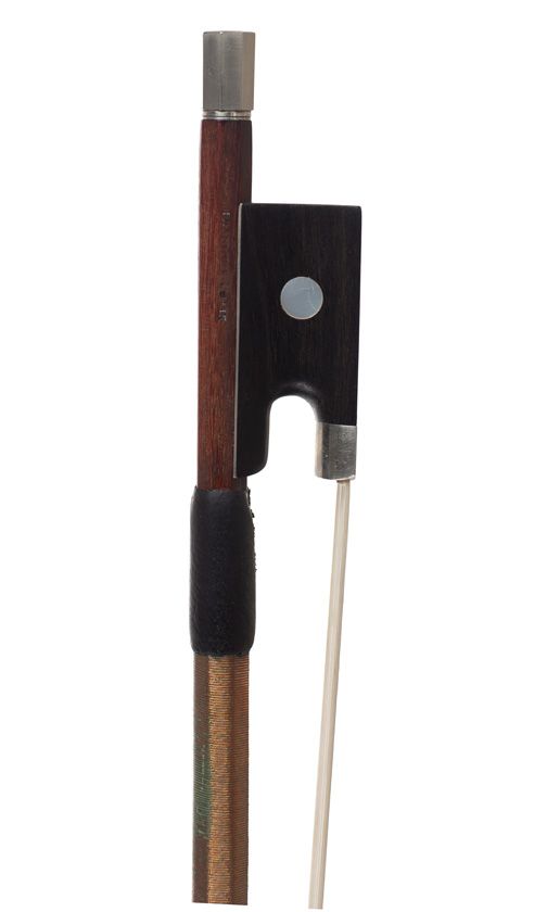 A nickel-mounted violin bow by François Lotte — frog detail