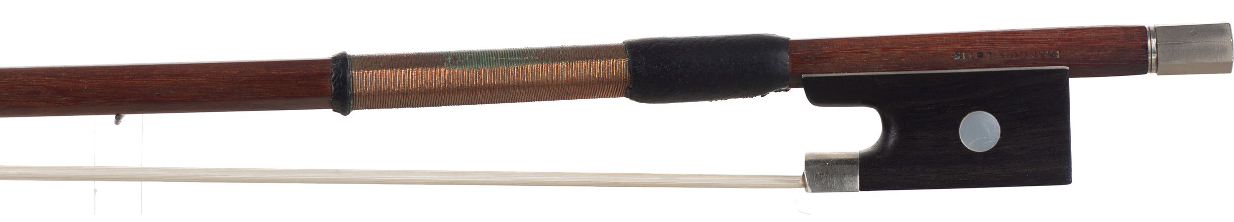 A nickel-mounted violin bow by François Lotte — frog