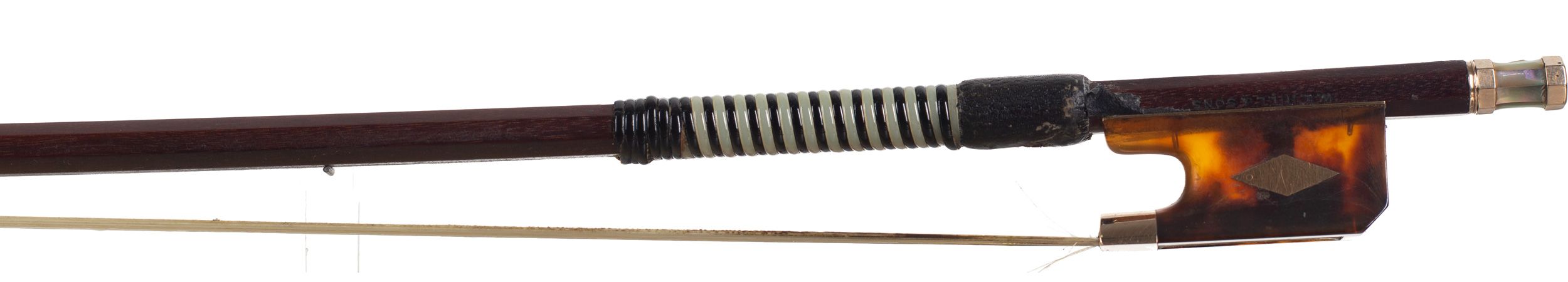 A gold and tortoiseshell-mounted violin bow by W. E. Hill & Sons, London — frog