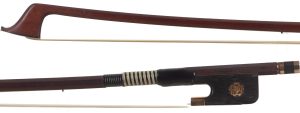 A gold-mounted cello bow by Arthur Bultitude, London — head and frog