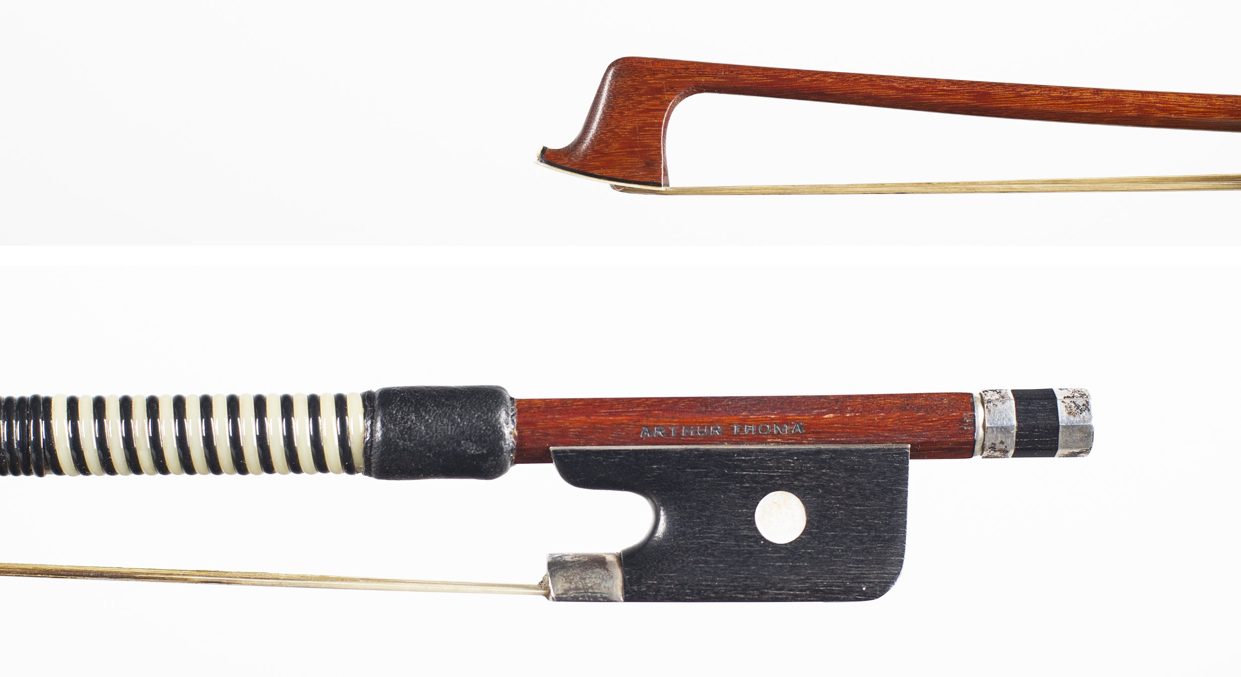 A silver-mounted violin bow by Arthur Thoma — head and frog