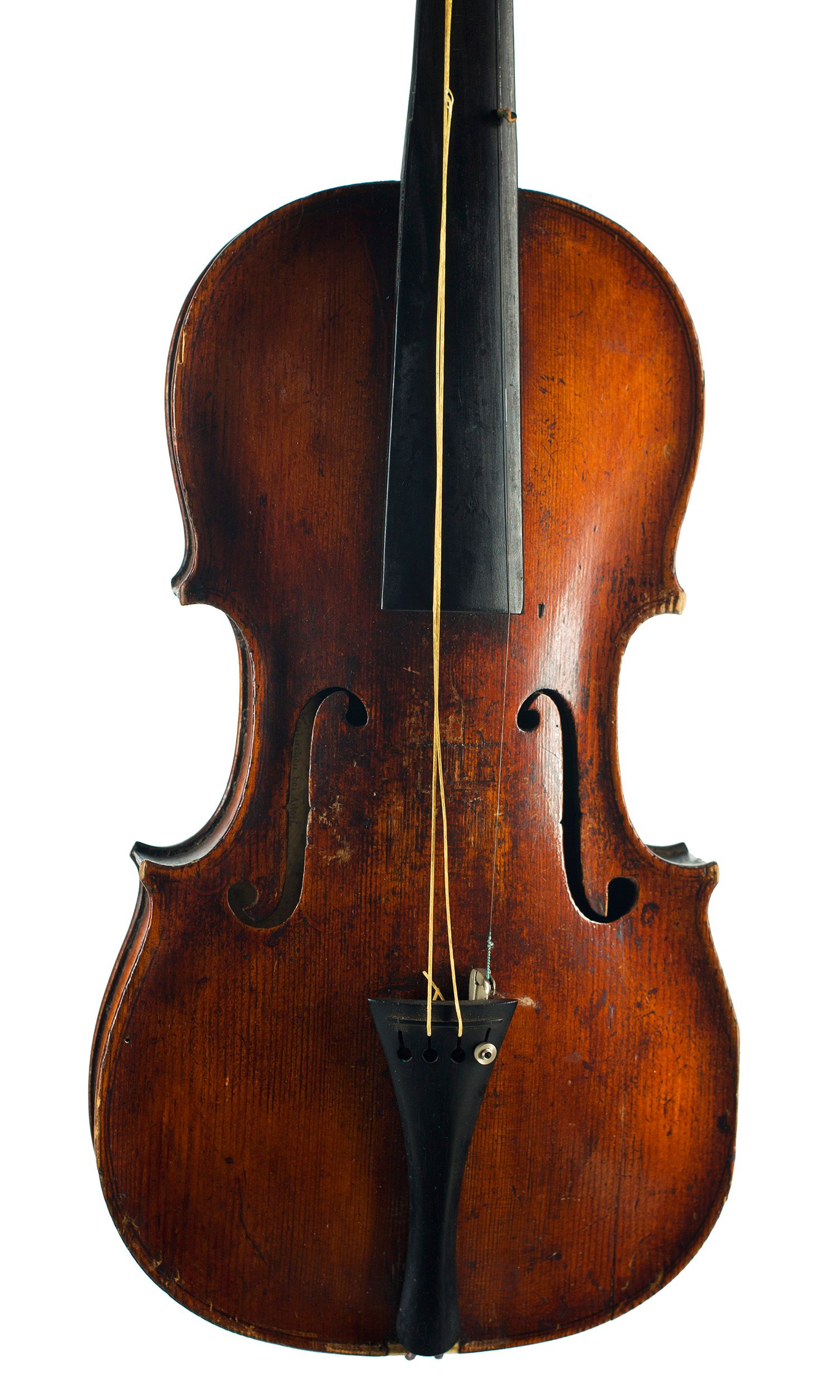 Violin, Workshop of Pretzschner, Neukirchen, circa 1790 — angled view, 10°