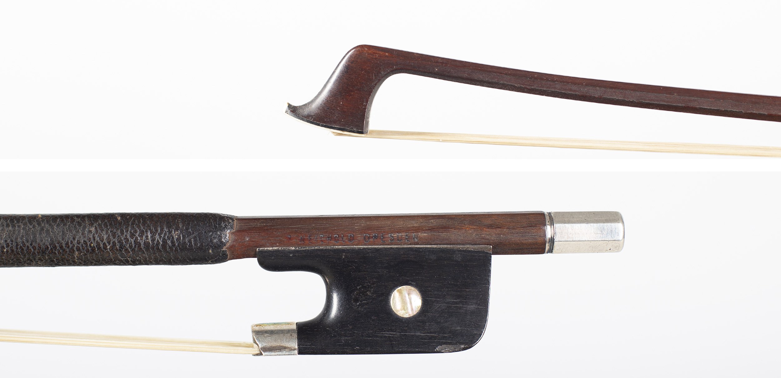 A silver-mounted cello bow by R. Weichold, Dresden, circa 1900 — head and frog