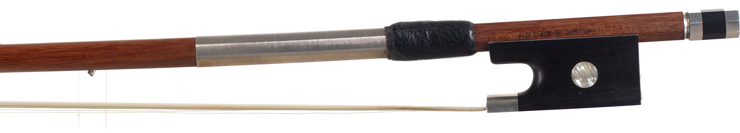 A silver-mounted contemporary violin bow by Andrew McGill, Banbury — frog