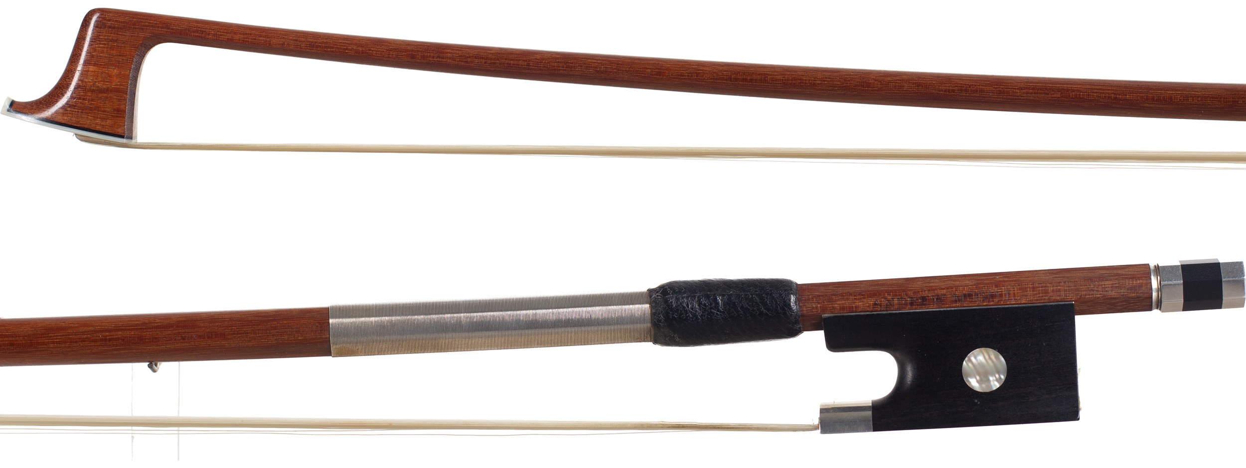 A silver-mounted contemporary violin bow by Andrew McGill, Banbury — head and frog
