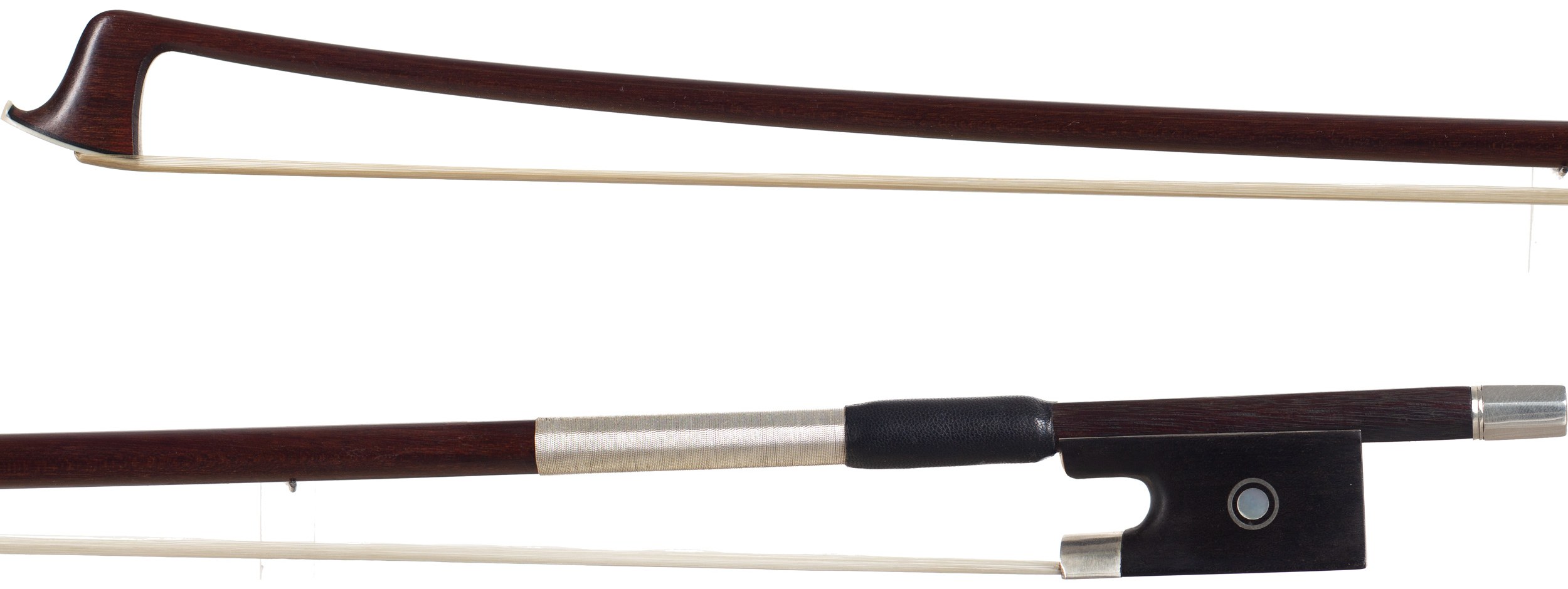 A silver-mounted violin bow by Morizot Freres, Mirecourt — head and frog