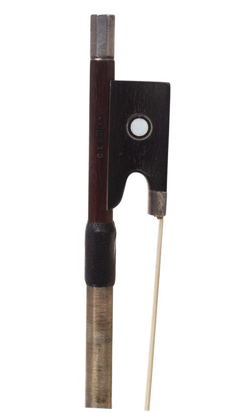 A silver-mounted viola bow by Gordon E. Bailey, England — frog detail