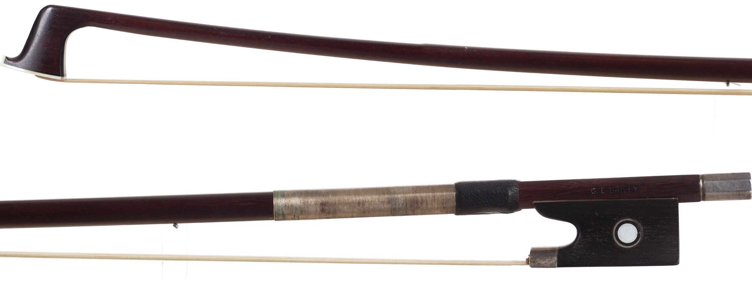 A silver-mounted viola bow by Gordon E. Bailey, England — head and frog
