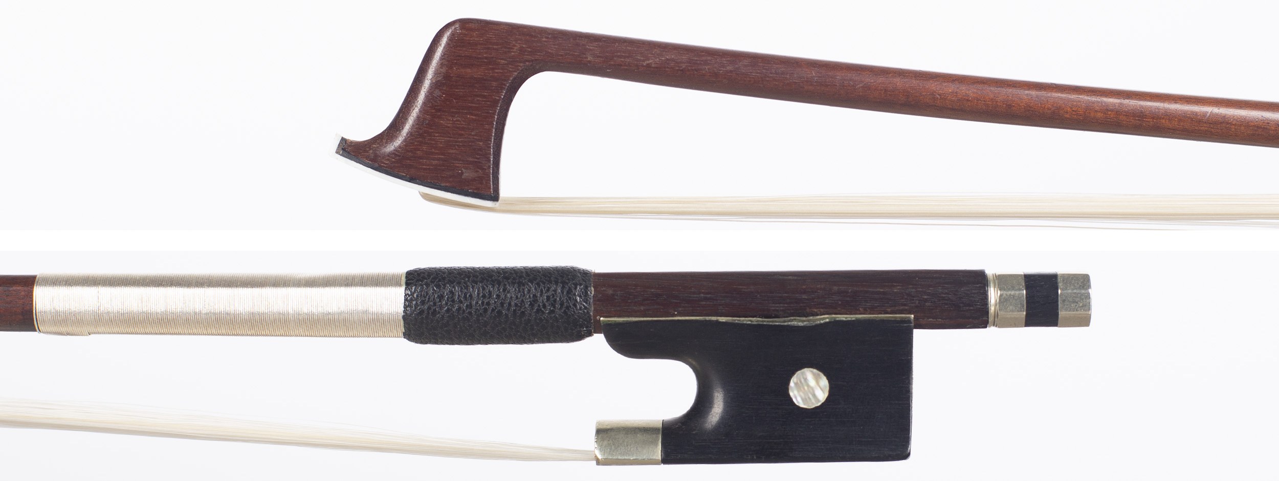 A nickel-mounted violin bow by Nicholas Simon (Simon FR), France 1860 — head and frog