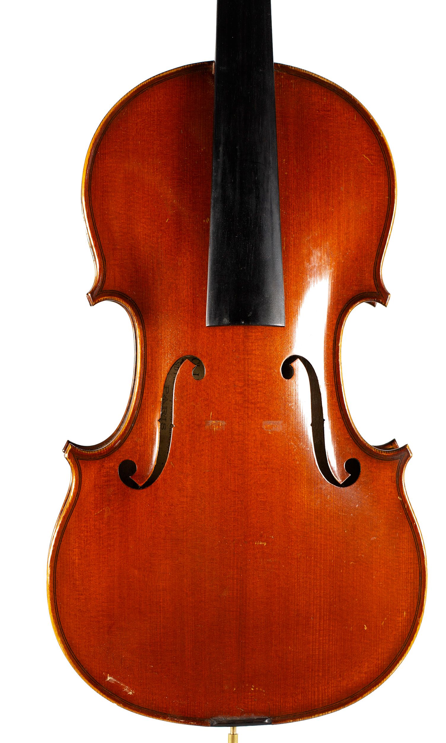 Violin by Ch. J. B. Collin-Mezin, France, 1920 — angled view, 10°
