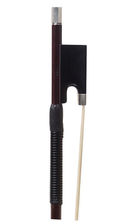 A silver-mounted violin bow by W. E. Hill & Sons, England — frog detail